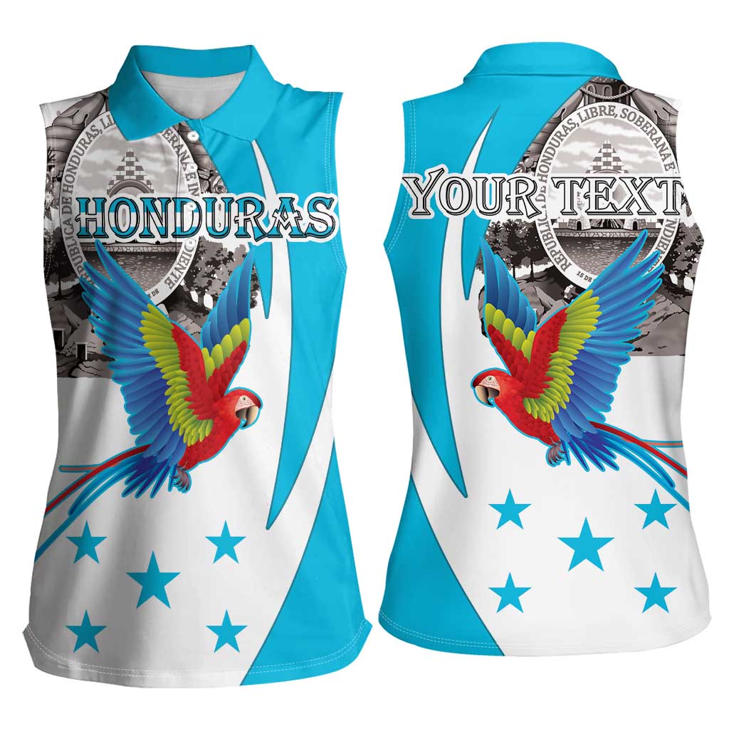 Personalized Honduras Independence Day Women Sleeveless Polo Shirt Scarlet Macaw With Coat Of Arms LT18