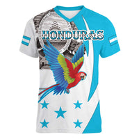 Personalized Honduras Independence Day Women V-Neck T-Shirt Scarlet Macaw With Coat Of Arms LT18