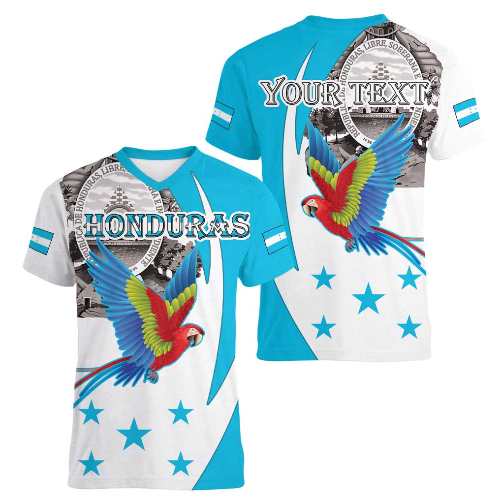 Personalized Honduras Independence Day Women V-Neck T-Shirt Scarlet Macaw With Coat Of Arms LT18