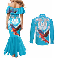 Custom Honduras Independence Day Couples Matching Mermaid Dress and Long Sleeve Button Shirt Scarlet Macaw With Orchid Flower