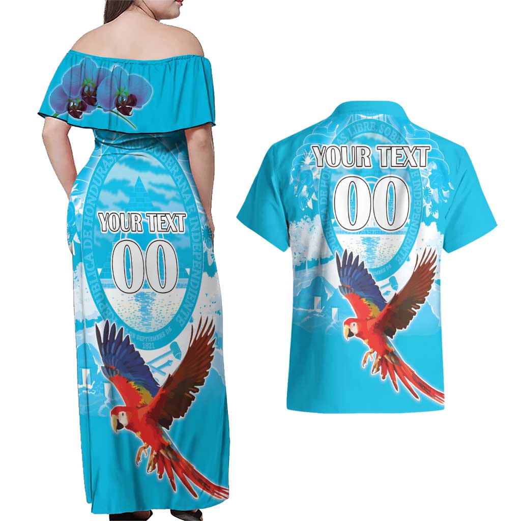Custom Honduras Independence Day Couples Matching Off Shoulder Maxi Dress and Hawaiian Shirt Scarlet Macaw With Orchid Flower - Wonder Print Shop