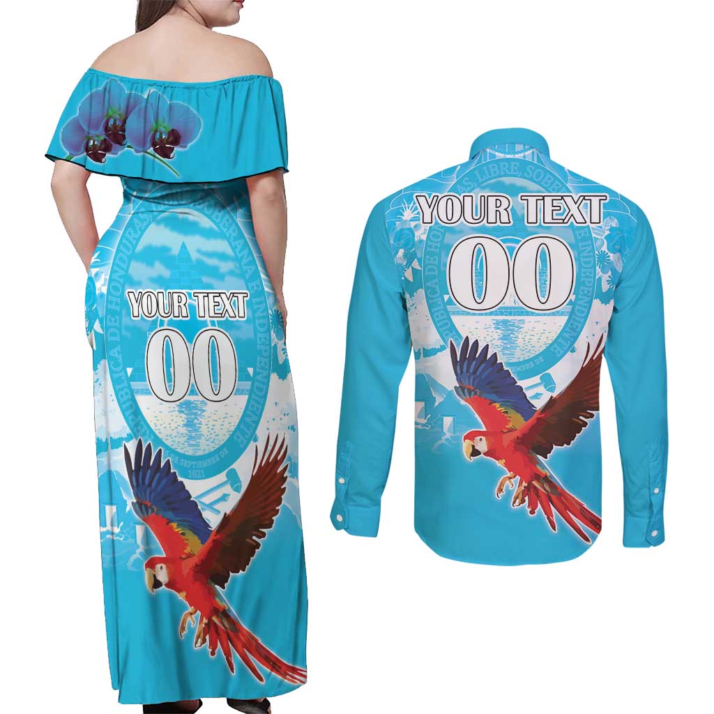 Custom Honduras Independence Day Couples Matching Off Shoulder Maxi Dress and Long Sleeve Button Shirt Scarlet Macaw With Orchid Flower - Wonder Print Shop