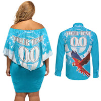 Custom Honduras Independence Day Couples Matching Off Shoulder Short Dress and Long Sleeve Button Shirt Scarlet Macaw With Orchid Flower - Wonder Print Shop
