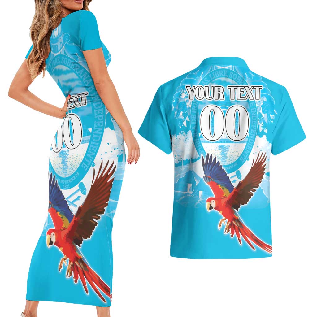 Custom Honduras Independence Day Couples Matching Short Sleeve Bodycon Dress and Hawaiian Shirt Scarlet Macaw With Orchid Flower - Wonder Print Shop