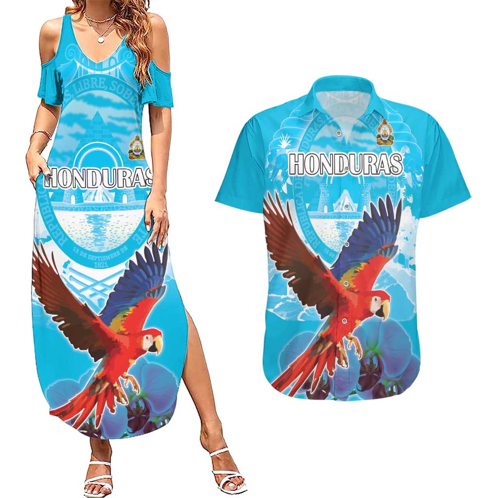 Custom Honduras Independence Day Couples Matching Summer Maxi Dress and Hawaiian Shirt Scarlet Macaw With Orchid Flower - Wonder Print Shop