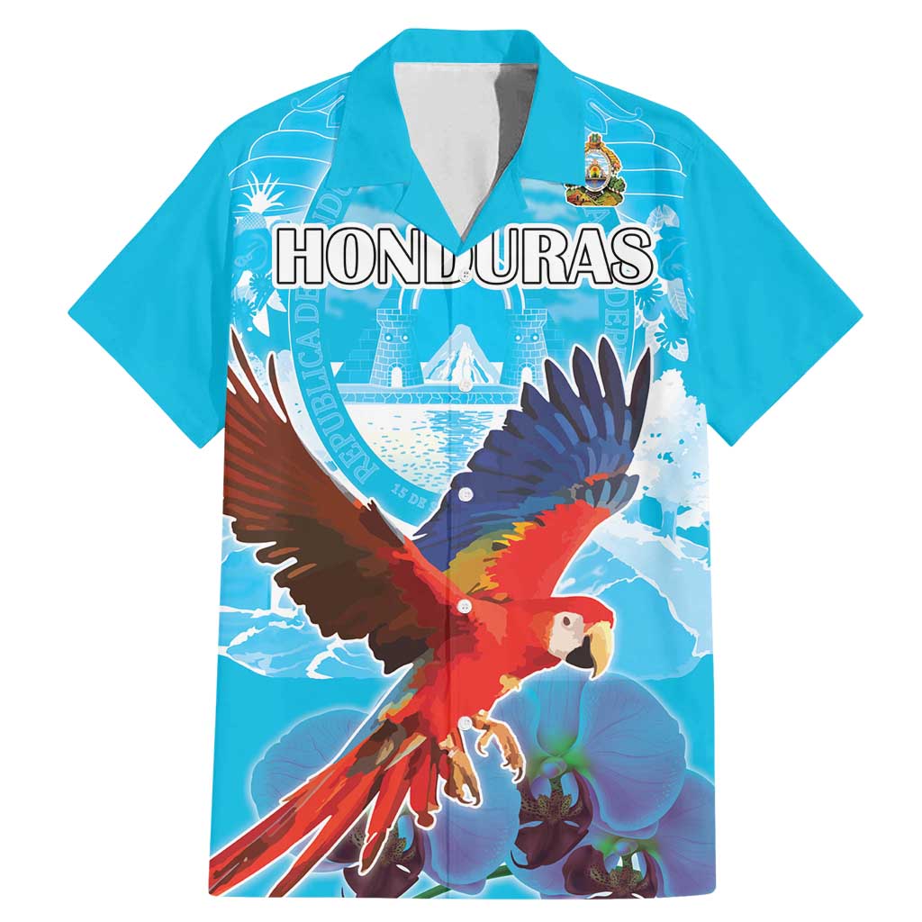 Custom Honduras Independence Day Family Matching Mermaid Dress and Hawaiian Shirt Scarlet Macaw With Orchid Flower - Wonder Print Shop