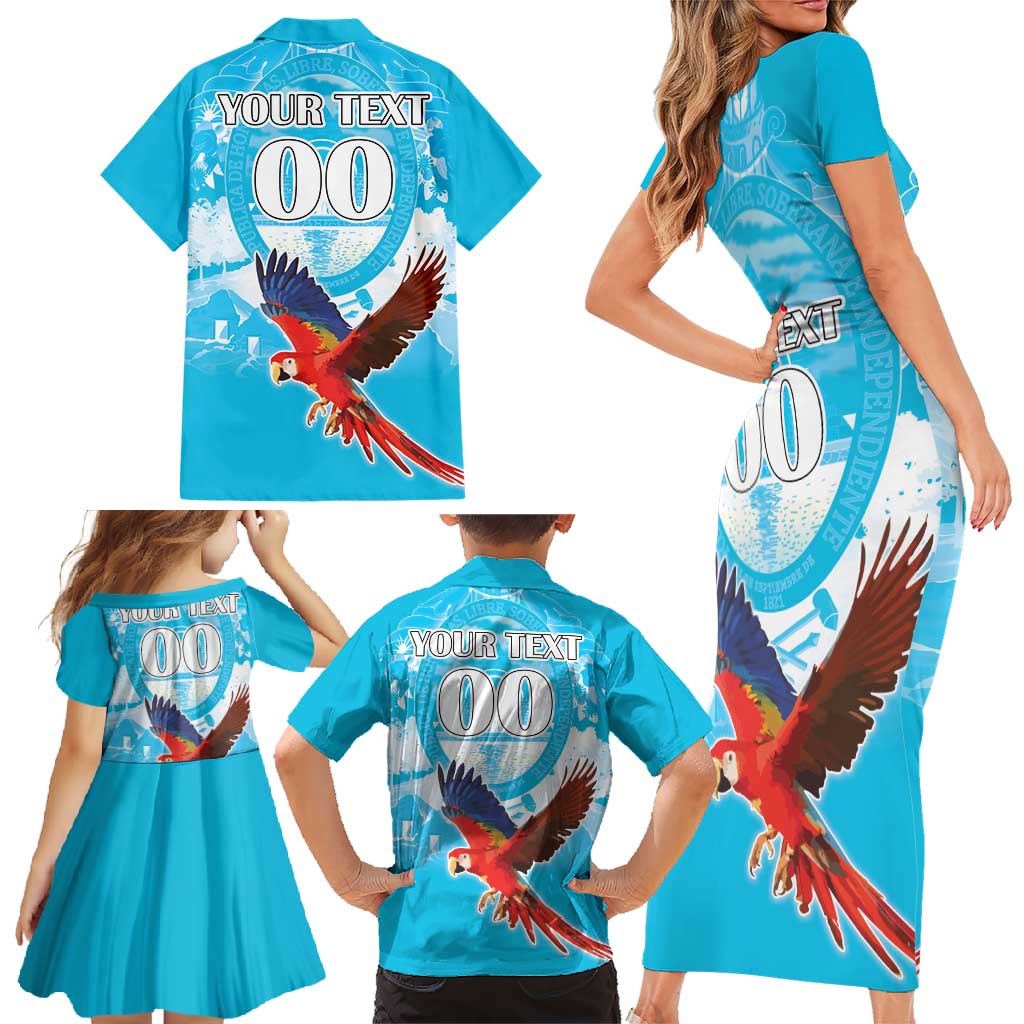 Custom Honduras Independence Day Family Matching Short Sleeve Bodycon Dress and Hawaiian Shirt Scarlet Macaw With Orchid Flower - Wonder Print Shop