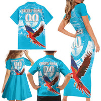 Custom Honduras Independence Day Family Matching Short Sleeve Bodycon Dress and Hawaiian Shirt Scarlet Macaw With Orchid Flower - Wonder Print Shop