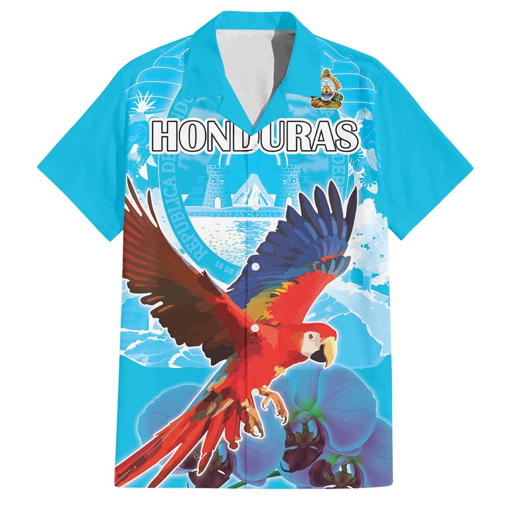 Custom Honduras Independence Day Family Matching Tank Maxi Dress and Hawaiian Shirt Scarlet Macaw With Orchid Flower - Wonder Print Shop