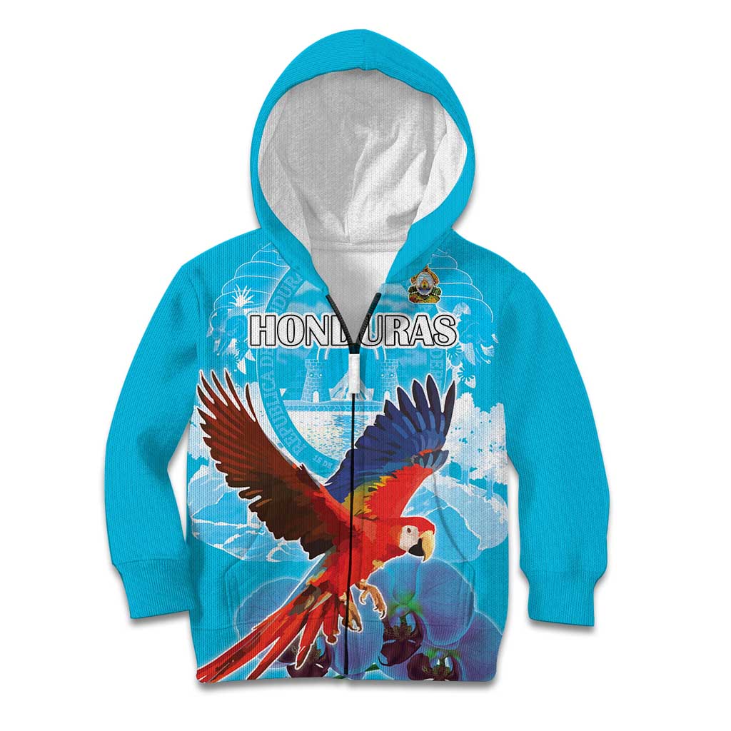 Custom Honduras Independence Day Kid Hoodie Scarlet Macaw With Orchid Flower - Wonder Print Shop