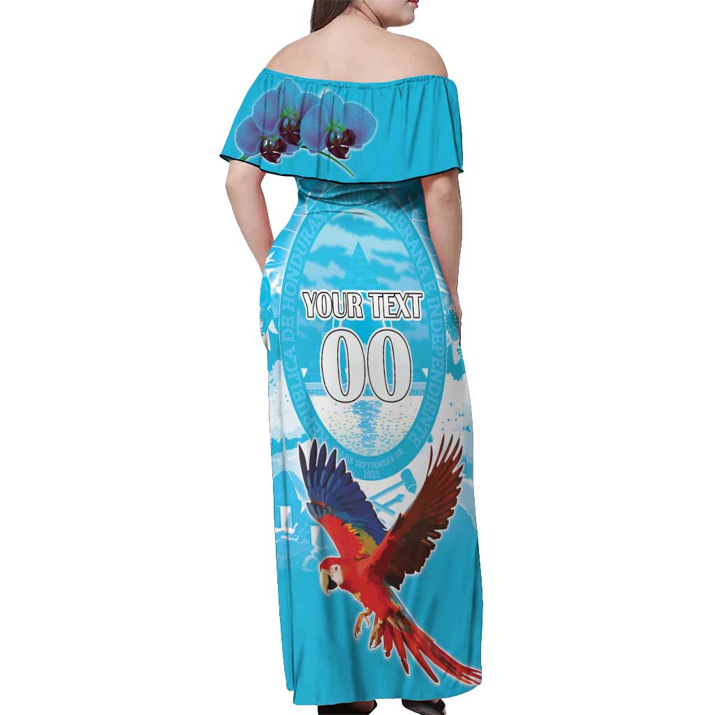 Custom Honduras Independence Day Off Shoulder Maxi Dress Scarlet Macaw With Orchid Flower - Wonder Print Shop