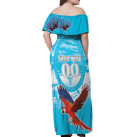 Custom Honduras Independence Day Off Shoulder Maxi Dress Scarlet Macaw With Orchid Flower - Wonder Print Shop