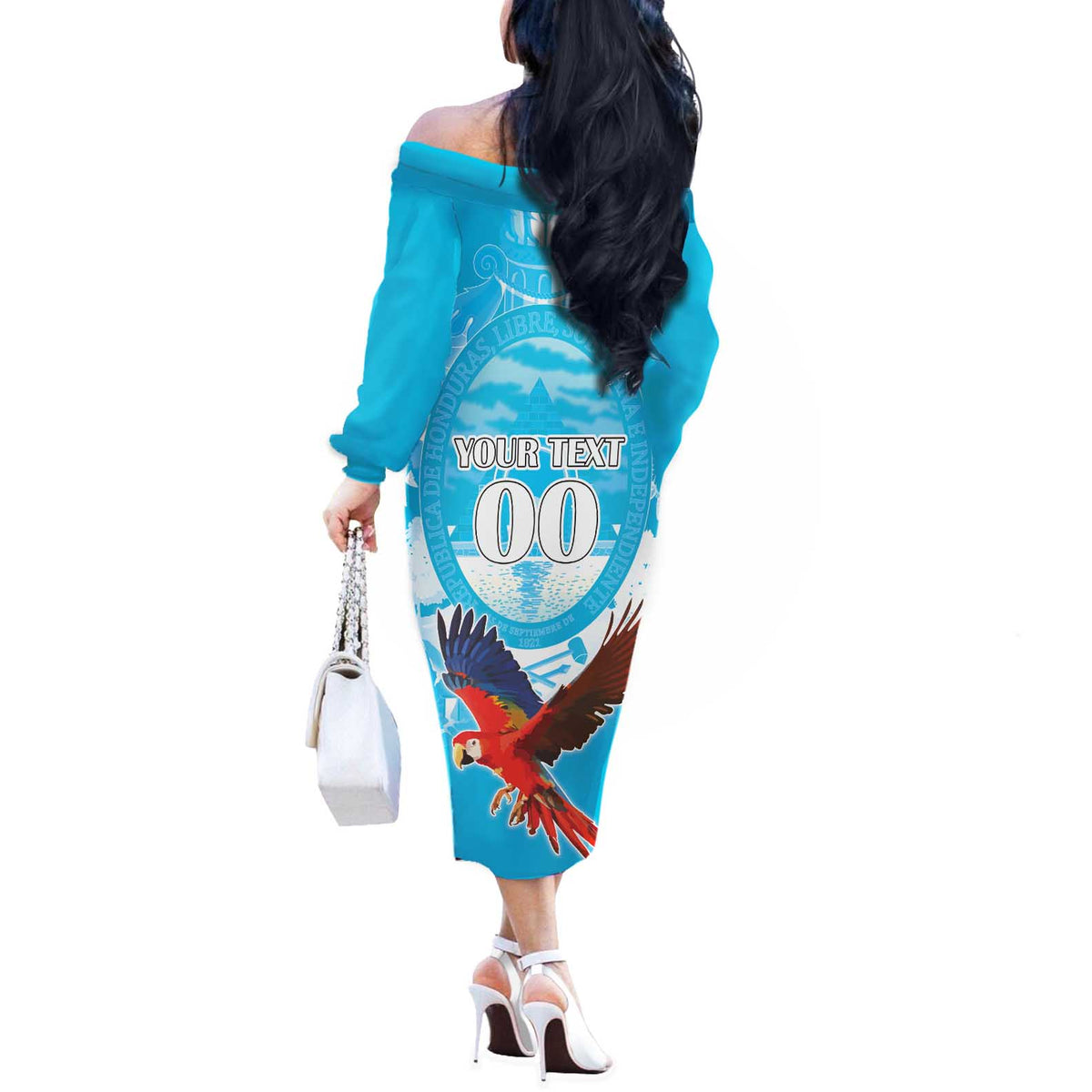 Custom Honduras Independence Day Off The Shoulder Long Sleeve Dress Scarlet Macaw With Orchid Flower - Wonder Print Shop