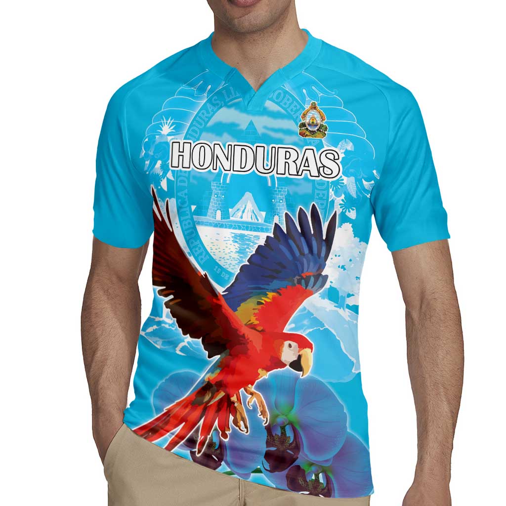 Custom Honduras Independence Day Rugby Jersey Scarlet Macaw With Orchid Flower - Wonder Print Shop