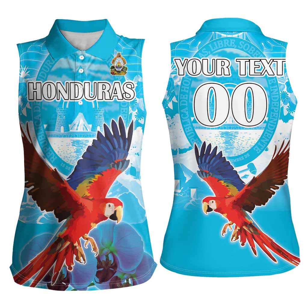 Custom Honduras Independence Day Women Sleeveless Polo Shirt Scarlet Macaw With Orchid Flower - Wonder Print Shop