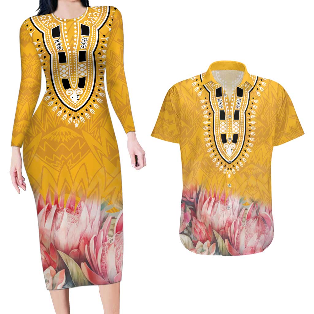 Africa Dashiki Couples Matching Long Sleeve Bodycon Dress and Hawaiian Shirt King Protea Floral Motif Patterns - Wonder Print Shop