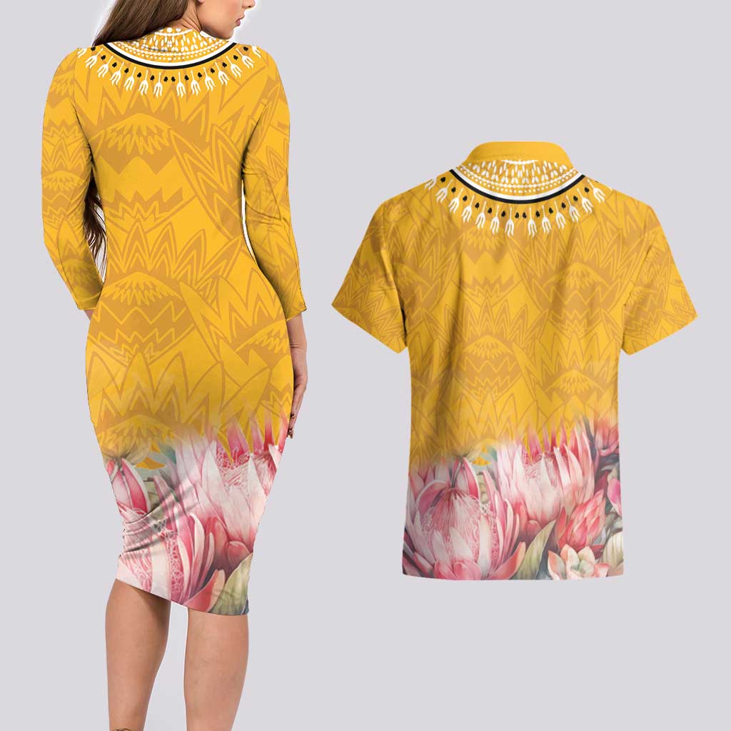 Africa Dashiki Couples Matching Long Sleeve Bodycon Dress and Hawaiian Shirt King Protea Floral Motif Patterns - Wonder Print Shop