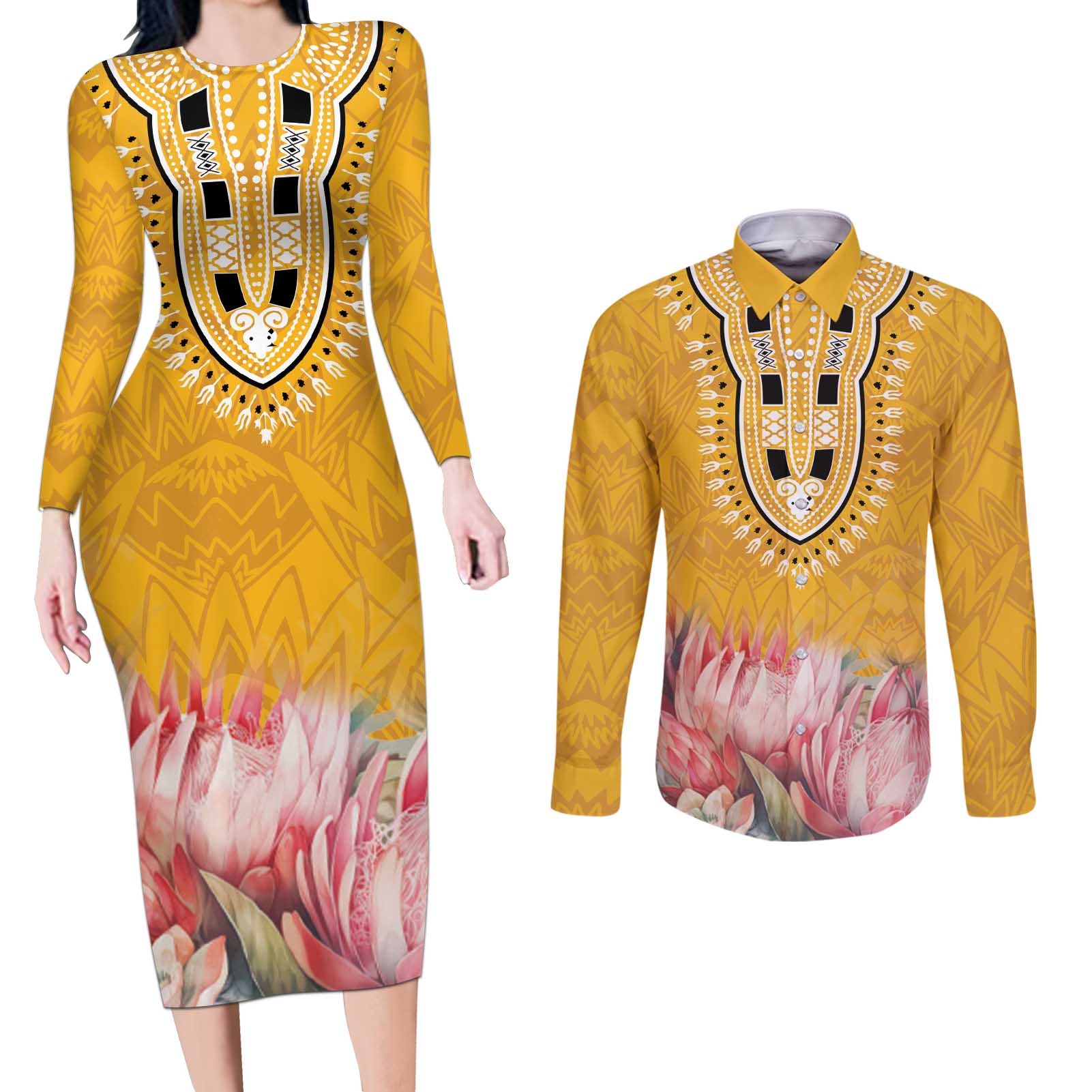 Africa Dashiki Couples Matching Long Sleeve Bodycon Dress and Long Sleeve Button Shirt King Protea Floral Motif Patterns - Wonder Print Shop