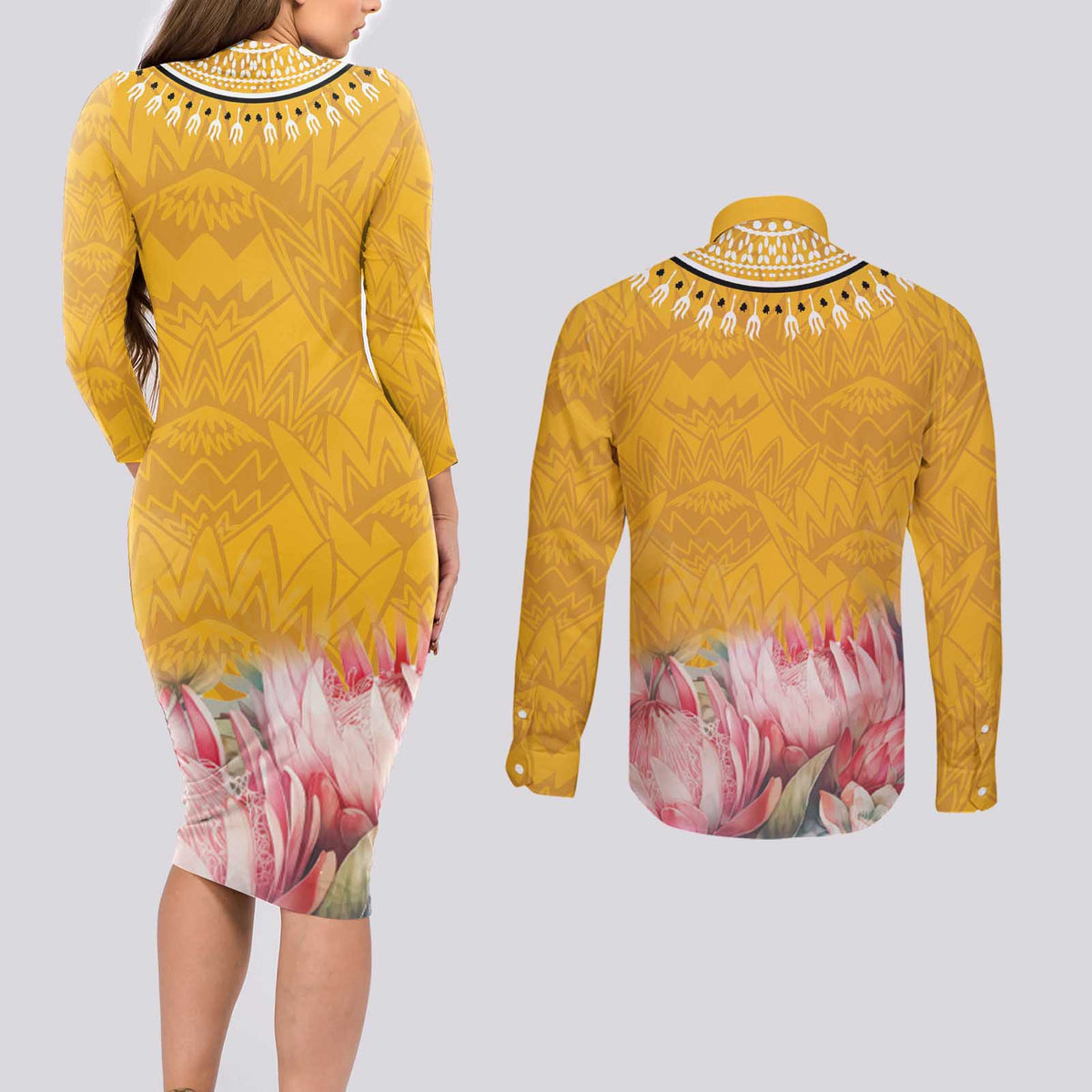 Africa Dashiki Couples Matching Long Sleeve Bodycon Dress and Long Sleeve Button Shirt King Protea Floral Motif Patterns - Wonder Print Shop