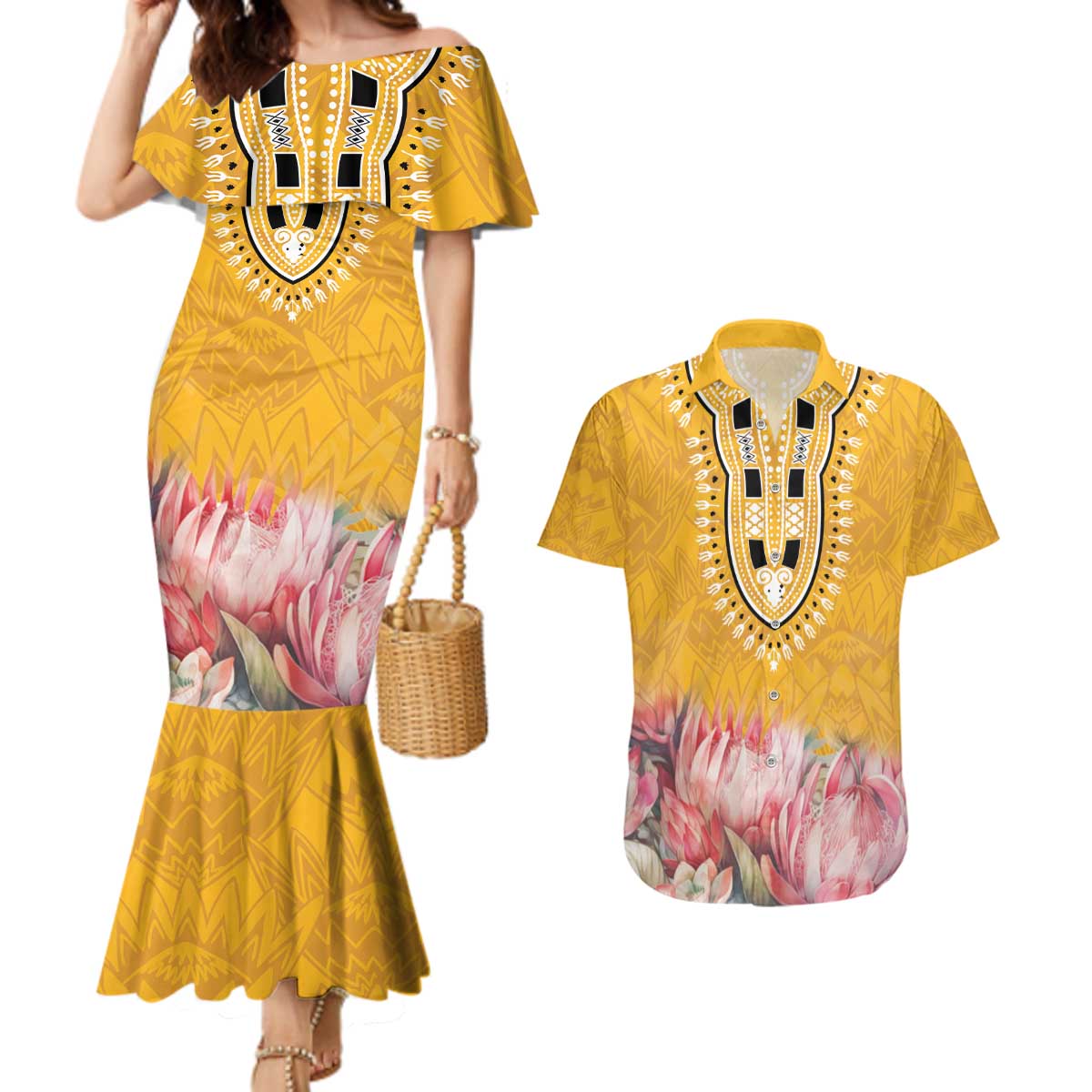 Africa Dashiki Couples Matching Mermaid Dress and Hawaiian Shirt King Protea Floral Motif Patterns - Wonder Print Shop