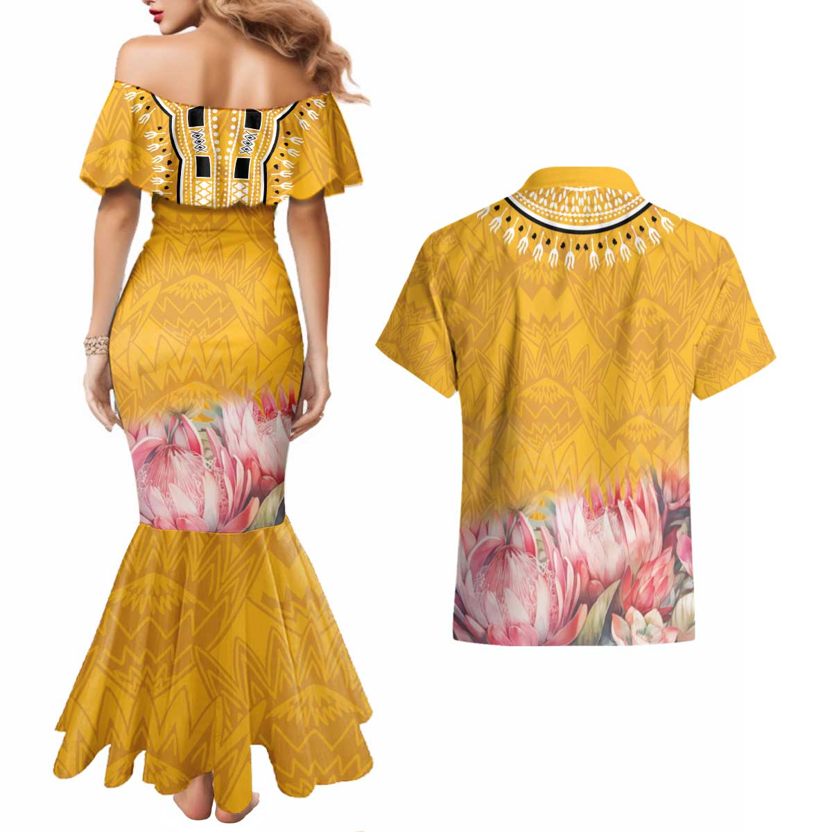 Africa Dashiki Couples Matching Mermaid Dress and Hawaiian Shirt King Protea Floral Motif Patterns - Wonder Print Shop