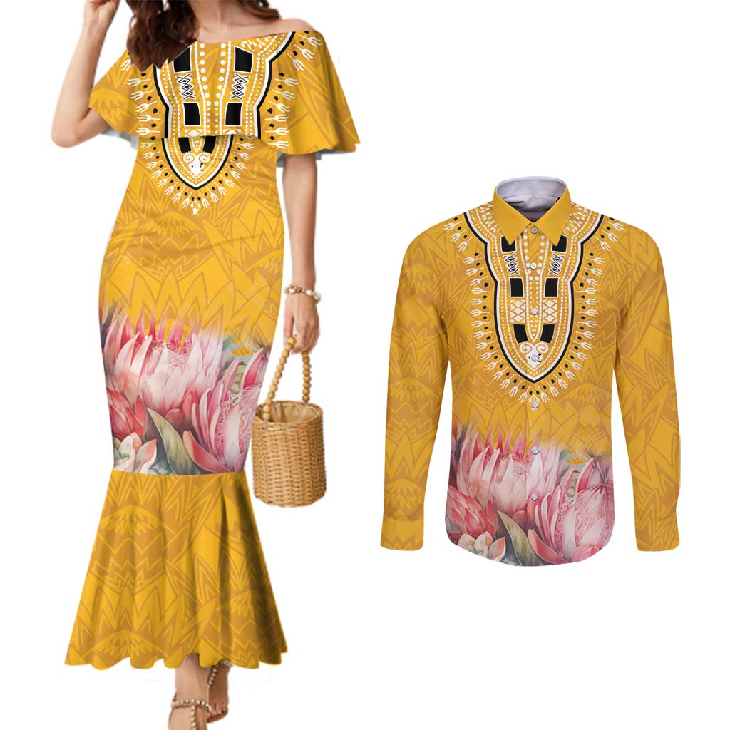 Africa Dashiki Couples Matching Mermaid Dress and Long Sleeve Button Shirt King Protea Floral Motif Patterns