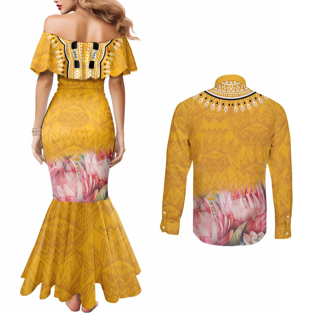 Africa Dashiki Couples Matching Mermaid Dress and Long Sleeve Button Shirt King Protea Floral Motif Patterns