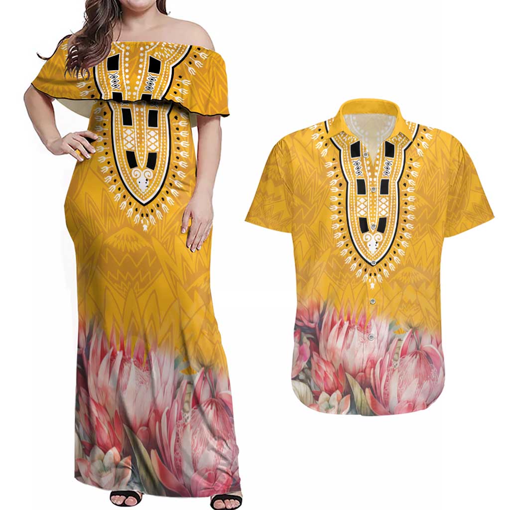 Africa Dashiki Couples Matching Off Shoulder Maxi Dress and Hawaiian Shirt King Protea Floral Motif Patterns - Wonder Print Shop
