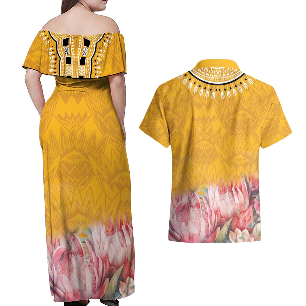 Africa Dashiki Couples Matching Off Shoulder Maxi Dress and Hawaiian Shirt King Protea Floral Motif Patterns - Wonder Print Shop