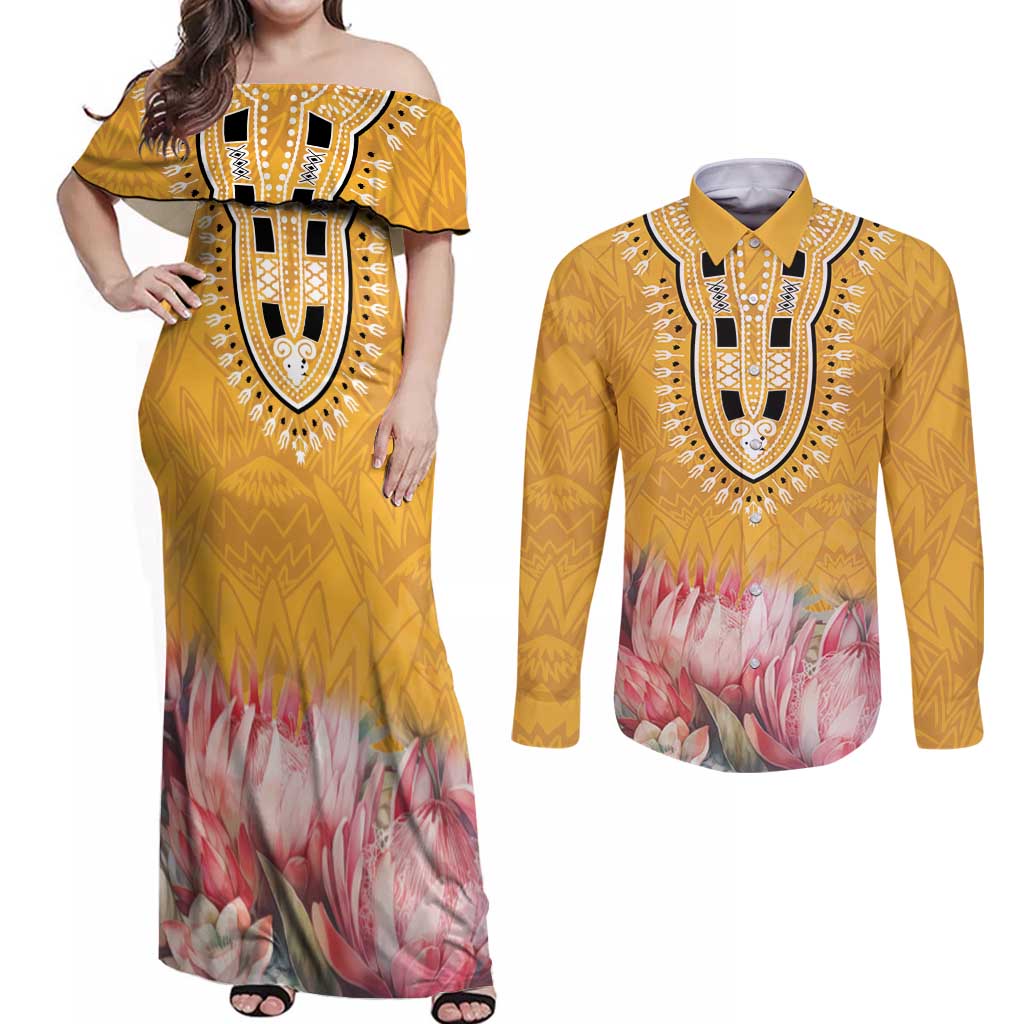 Africa Dashiki Couples Matching Off Shoulder Maxi Dress and Long Sleeve Button Shirt King Protea Floral Motif Patterns - Wonder Print Shop