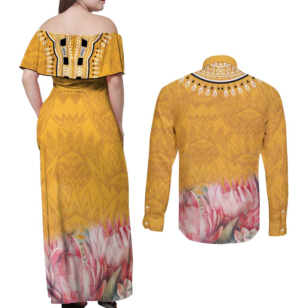 Africa Dashiki Couples Matching Off Shoulder Maxi Dress and Long Sleeve Button Shirt King Protea Floral Motif Patterns - Wonder Print Shop