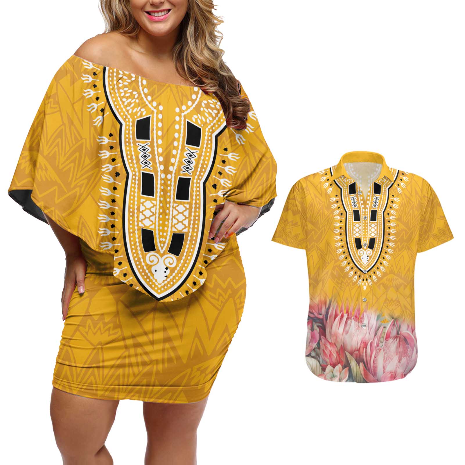 Africa Dashiki Couples Matching Off Shoulder Short Dress and Hawaiian Shirt King Protea Floral Motif Patterns - Wonder Print Shop