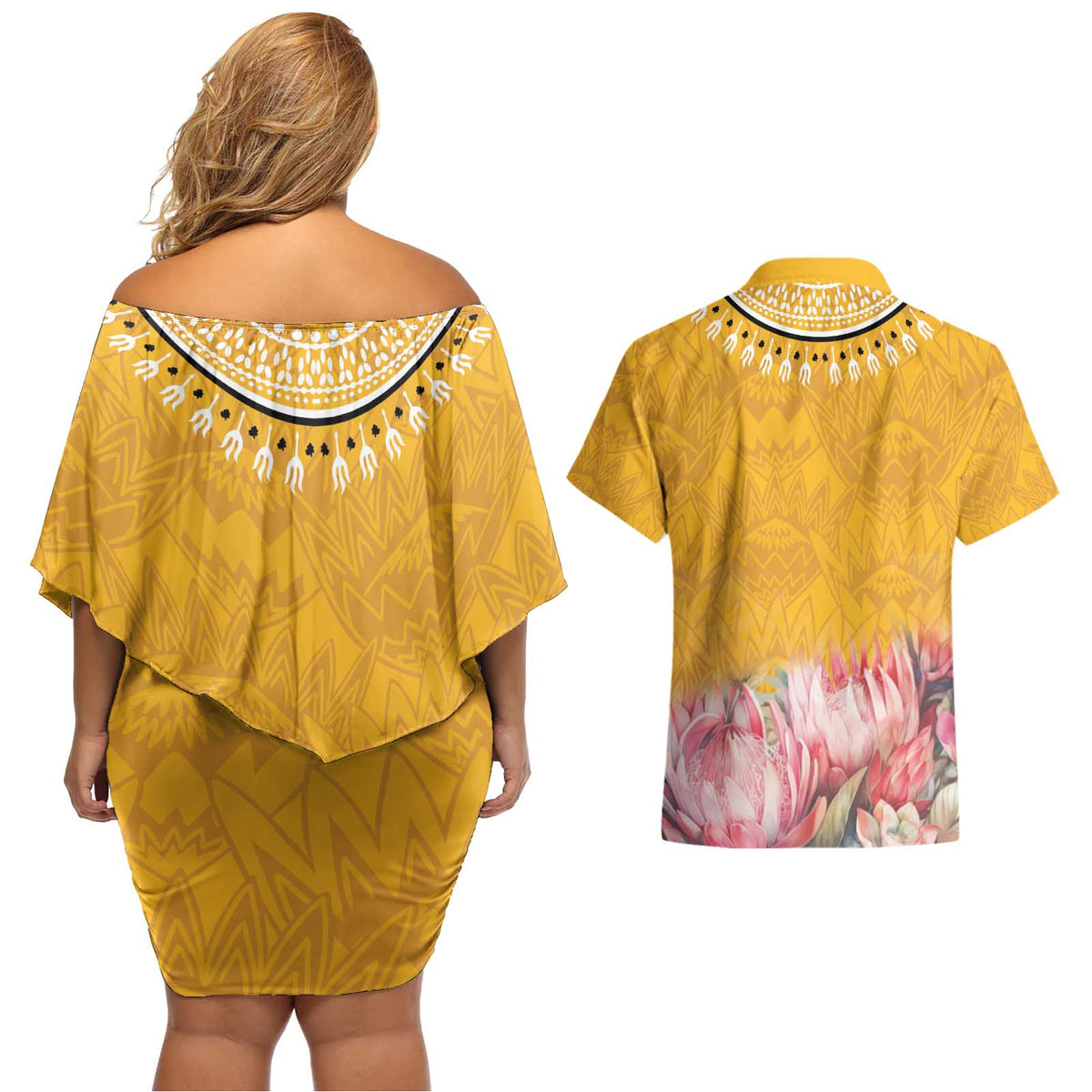 Africa Dashiki Couples Matching Off Shoulder Short Dress and Hawaiian Shirt King Protea Floral Motif Patterns - Wonder Print Shop