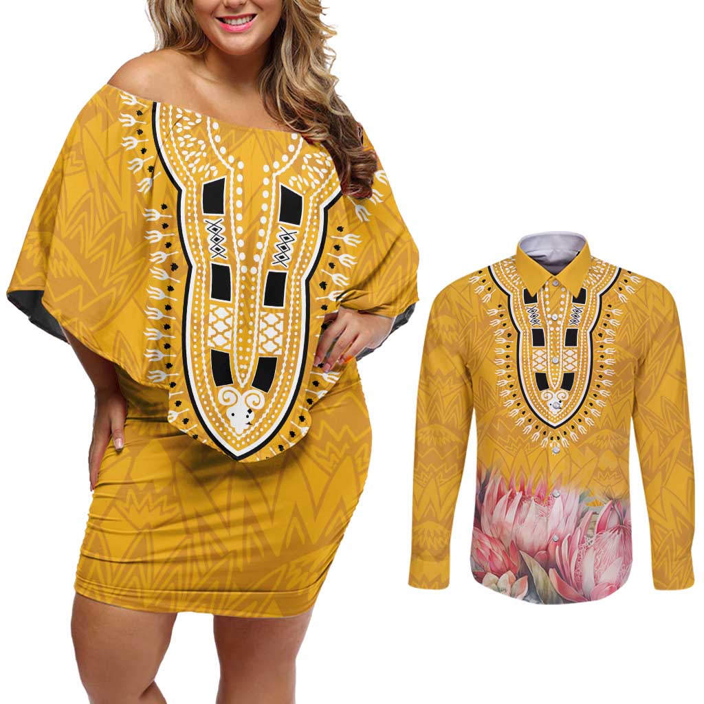 Africa Dashiki Couples Matching Off Shoulder Short Dress and Long Sleeve Button Shirt King Protea Floral Motif Patterns - Wonder Print Shop