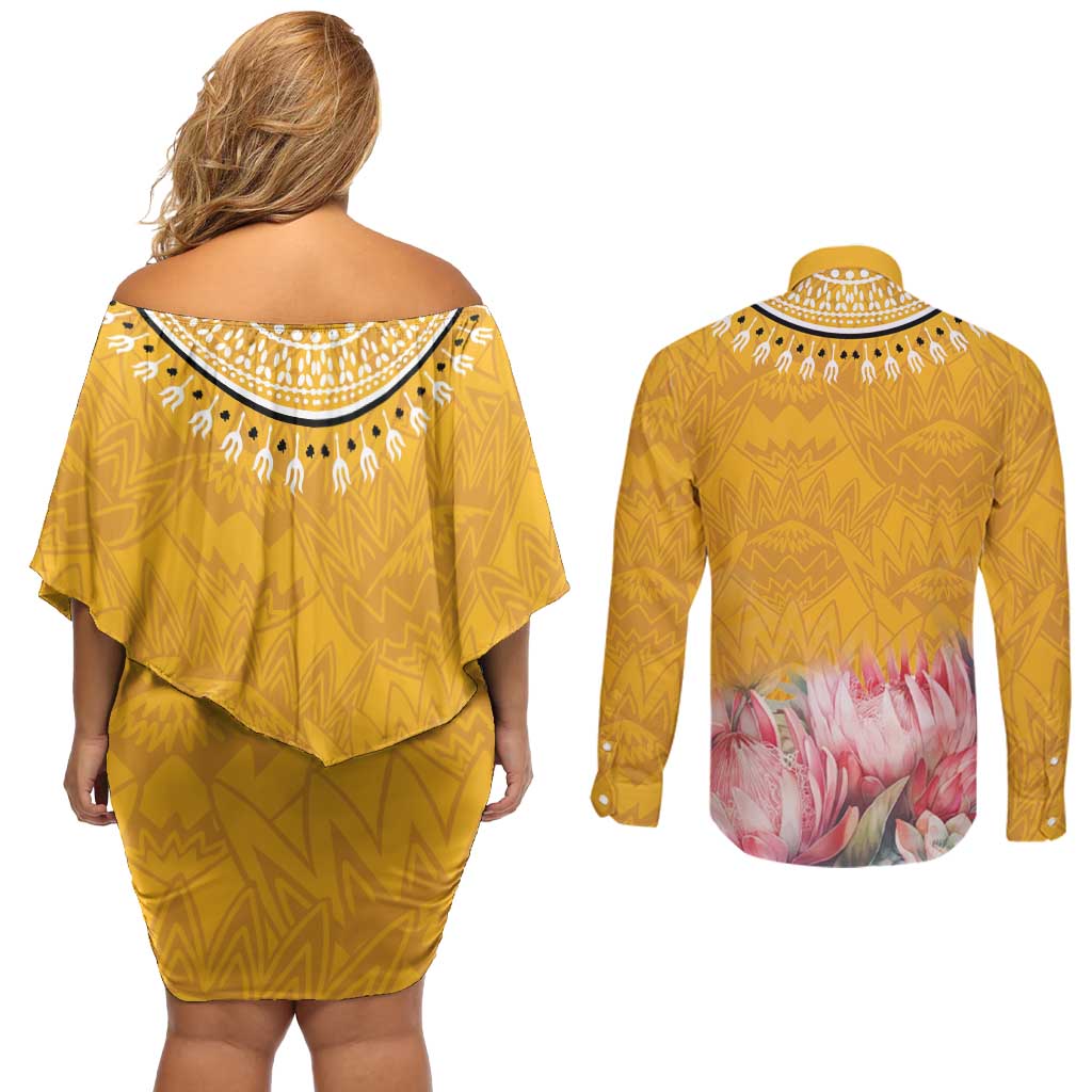 Africa Dashiki Couples Matching Off Shoulder Short Dress and Long Sleeve Button Shirt King Protea Floral Motif Patterns - Wonder Print Shop