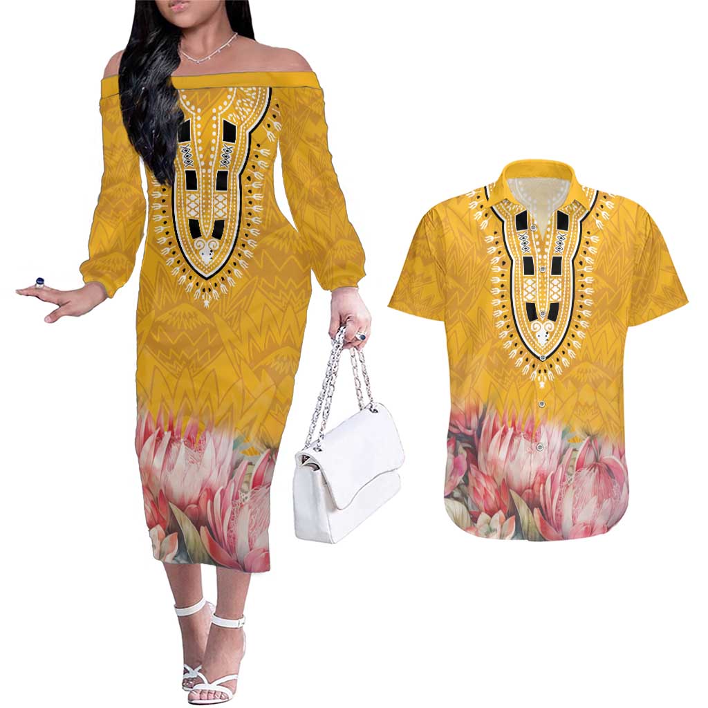 Africa Dashiki Couples Matching Off The Shoulder Long Sleeve Dress and Hawaiian Shirt King Protea Floral Motif Patterns - Wonder Print Shop
