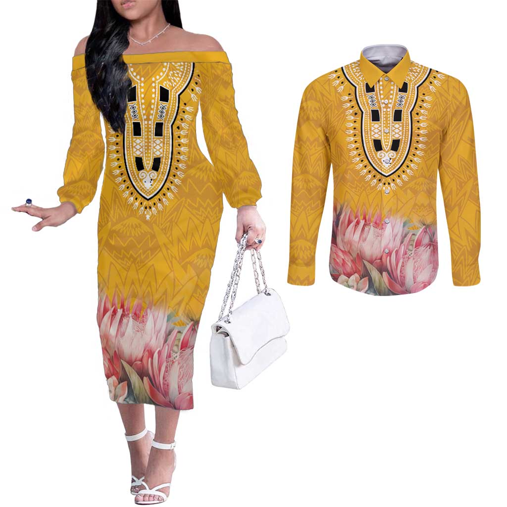 Africa Dashiki Couples Matching Off The Shoulder Long Sleeve Dress and Long Sleeve Button Shirt King Protea Floral Motif Patterns