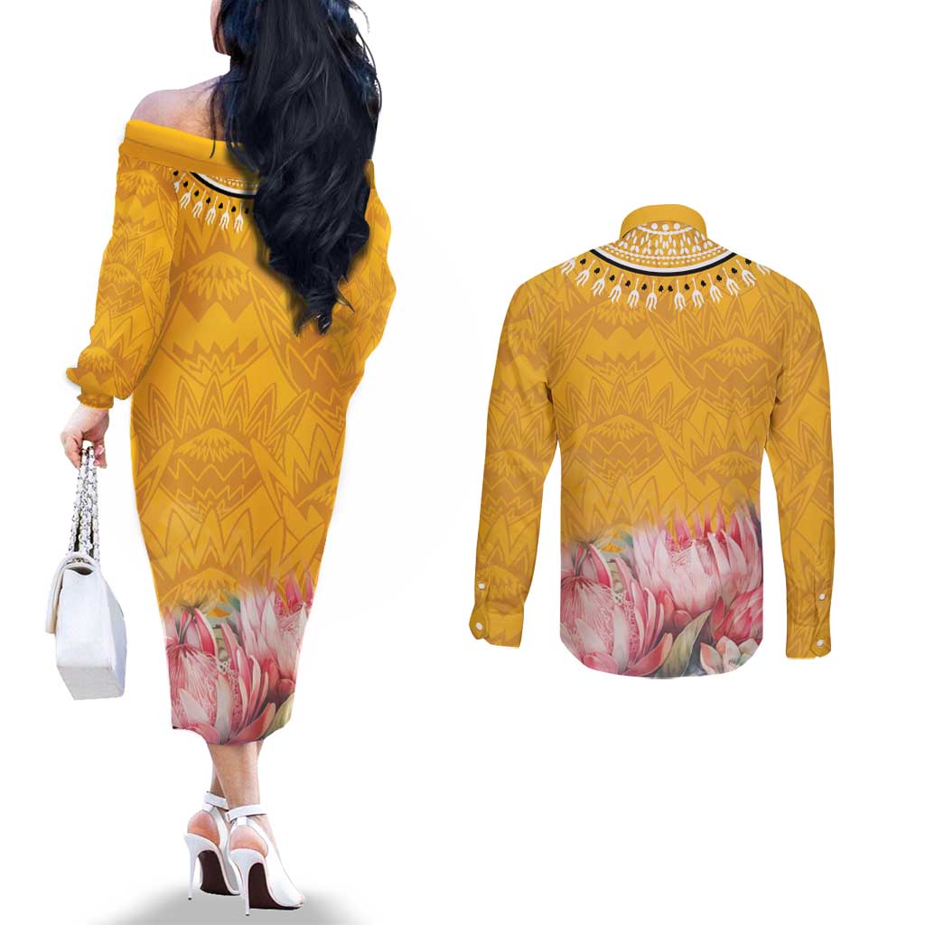 Africa Dashiki Couples Matching Off The Shoulder Long Sleeve Dress and Long Sleeve Button Shirt King Protea Floral Motif Patterns