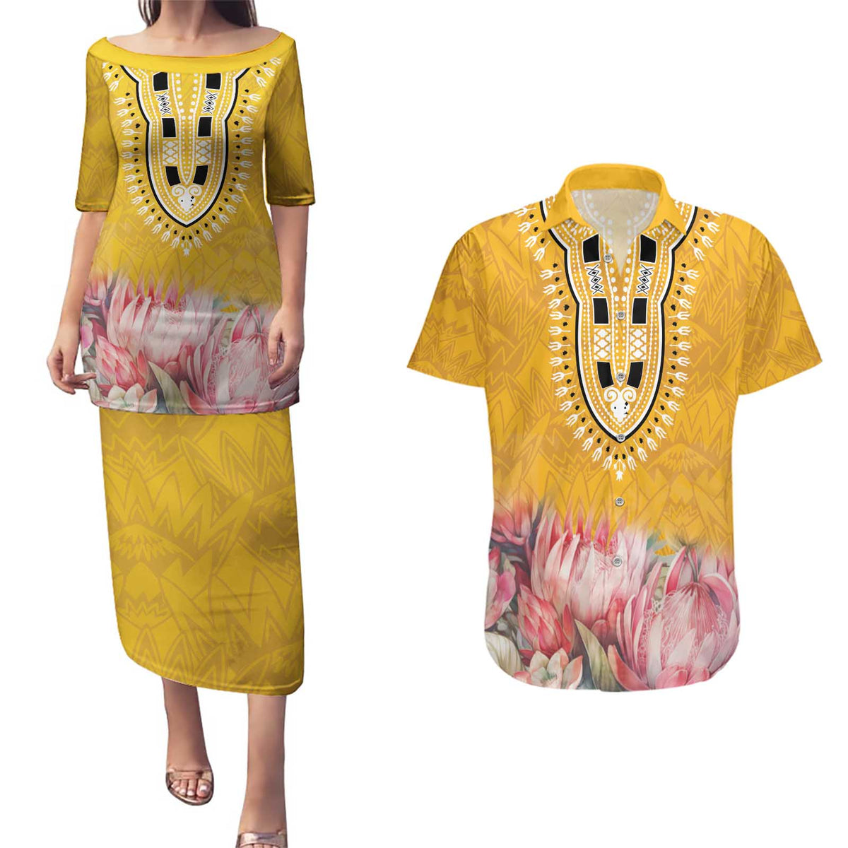 Africa Dashiki Couples Matching Puletasi and Hawaiian Shirt King Protea Floral Motif Patterns - Wonder Print Shop