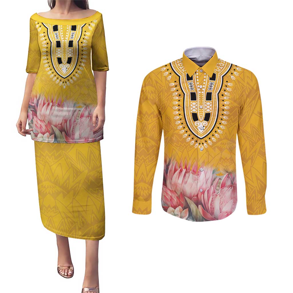 Africa Dashiki Couples Matching Puletasi and Long Sleeve Button Shirt King Protea Floral Motif Patterns - Wonder Print Shop