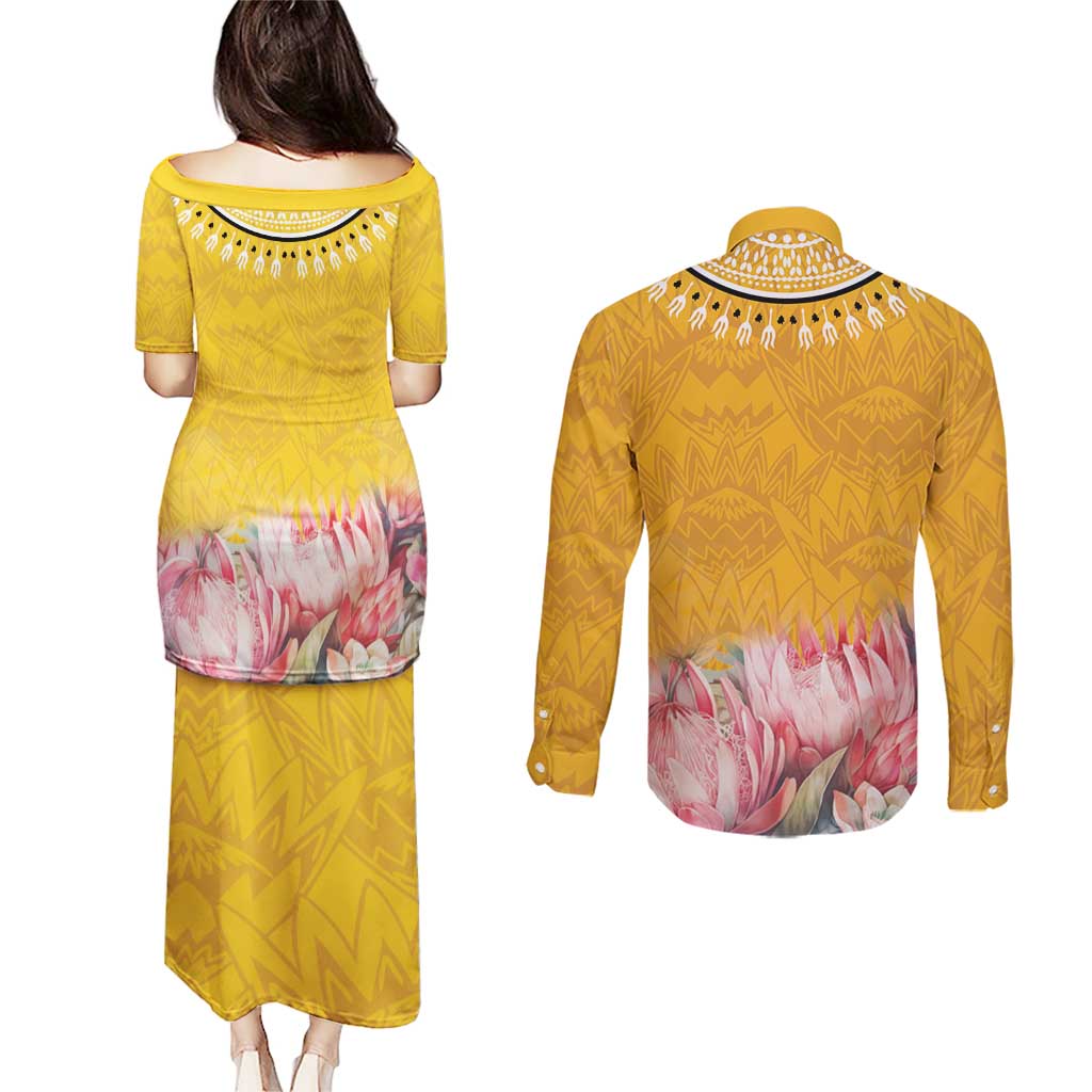 Africa Dashiki Couples Matching Puletasi and Long Sleeve Button Shirt King Protea Floral Motif Patterns - Wonder Print Shop