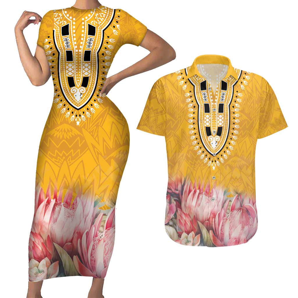 Africa Dashiki Couples Matching Short Sleeve Bodycon Dress and Hawaiian Shirt King Protea Floral Motif Patterns - Wonder Print Shop