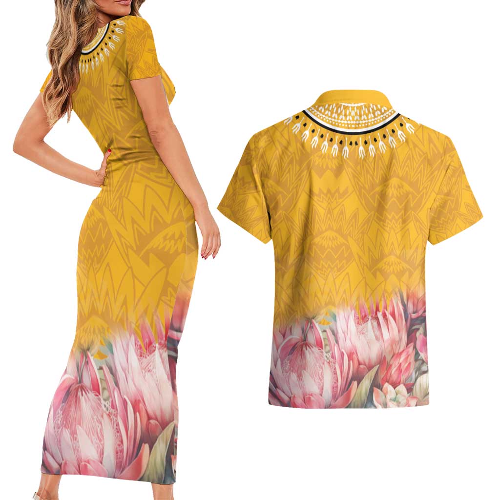 Africa Dashiki Couples Matching Short Sleeve Bodycon Dress and Hawaiian Shirt King Protea Floral Motif Patterns - Wonder Print Shop