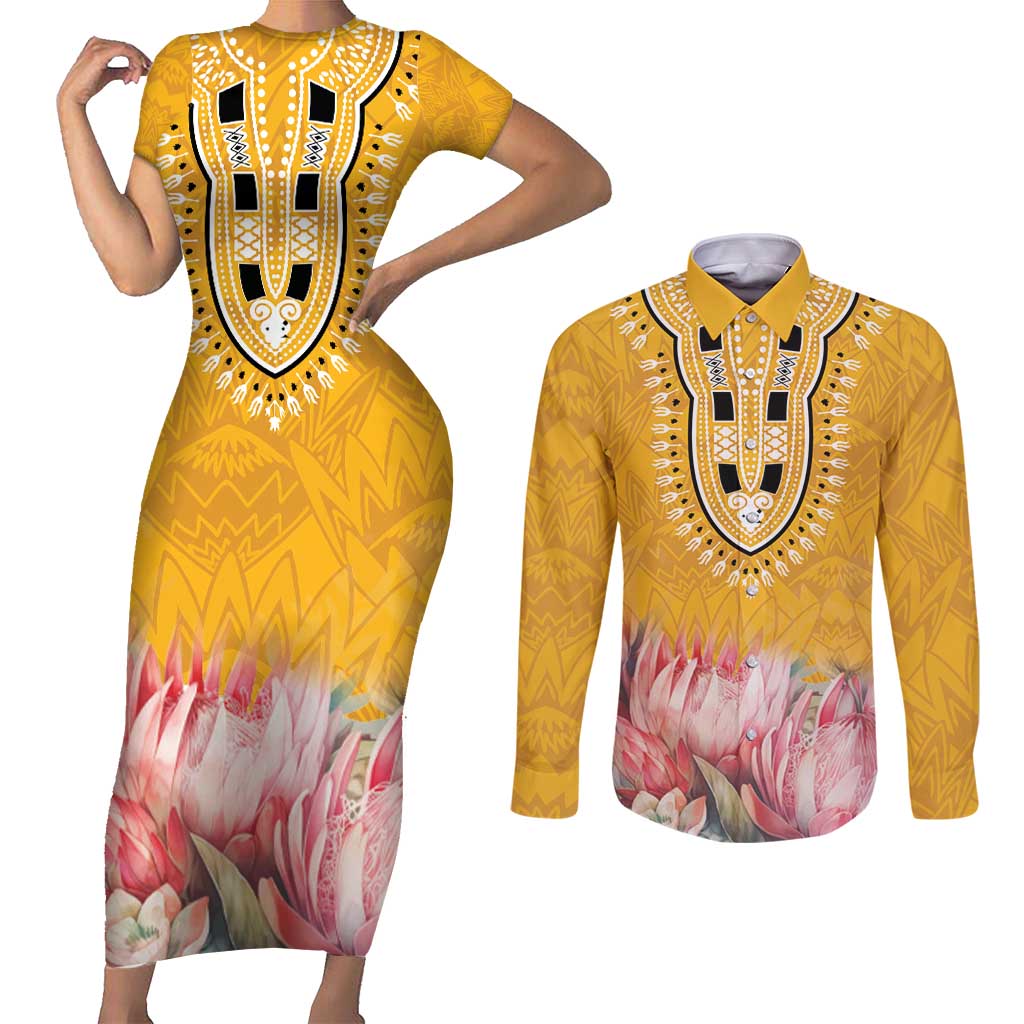 Africa Dashiki Couples Matching Short Sleeve Bodycon Dress and Long Sleeve Button Shirt King Protea Floral Motif Patterns - Wonder Print Shop