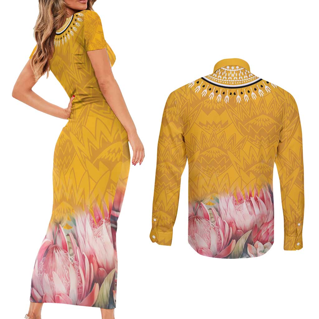 Africa Dashiki Couples Matching Short Sleeve Bodycon Dress and Long Sleeve Button Shirt King Protea Floral Motif Patterns - Wonder Print Shop