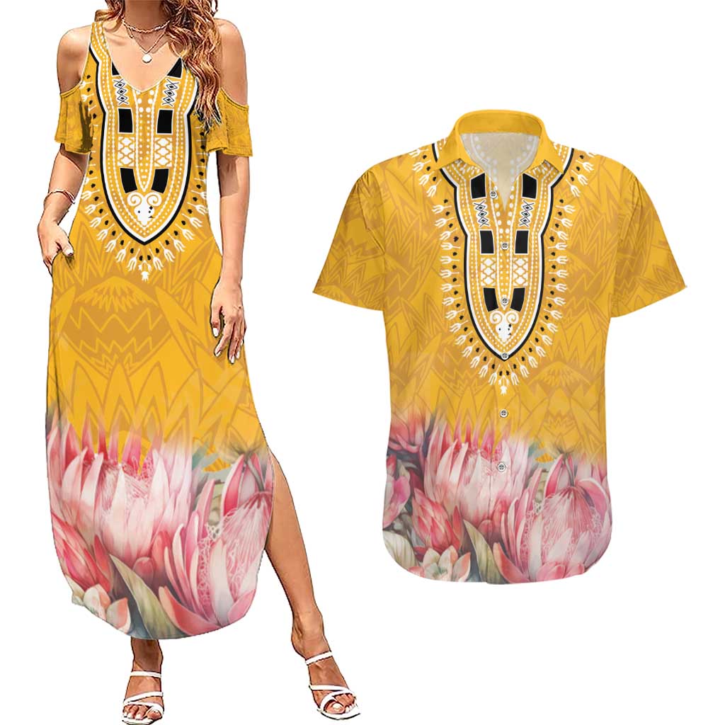 Africa Dashiki Couples Matching Summer Maxi Dress and Hawaiian Shirt King Protea Floral Motif Patterns - Wonder Print Shop