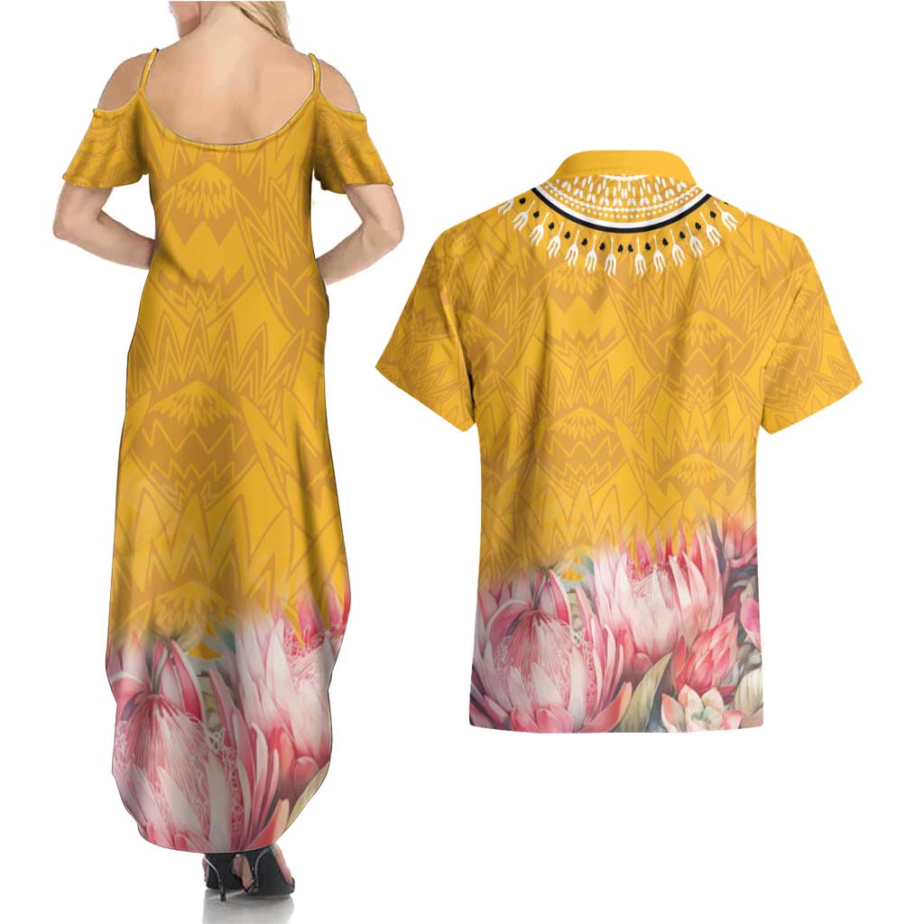 Africa Dashiki Couples Matching Summer Maxi Dress and Hawaiian Shirt King Protea Floral Motif Patterns - Wonder Print Shop