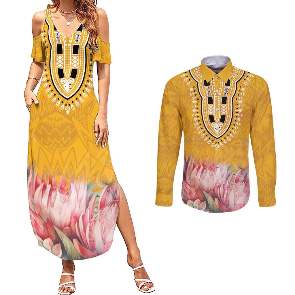 Africa Dashiki Couples Matching Summer Maxi Dress and Long Sleeve Button Shirt King Protea Floral Motif Patterns - Wonder Print Shop