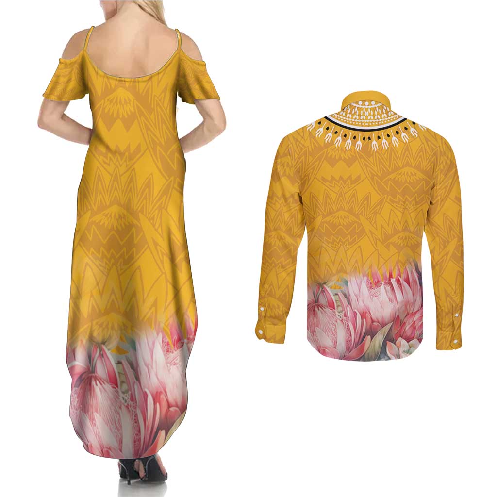 Africa Dashiki Couples Matching Summer Maxi Dress and Long Sleeve Button Shirt King Protea Floral Motif Patterns - Wonder Print Shop