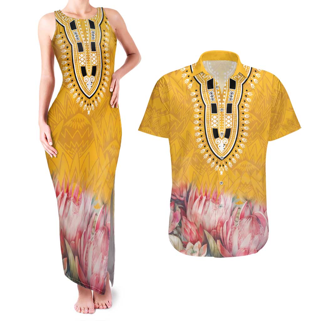 Africa Dashiki Couples Matching Tank Maxi Dress and Hawaiian Shirt King Protea Floral Motif Patterns - Wonder Print Shop